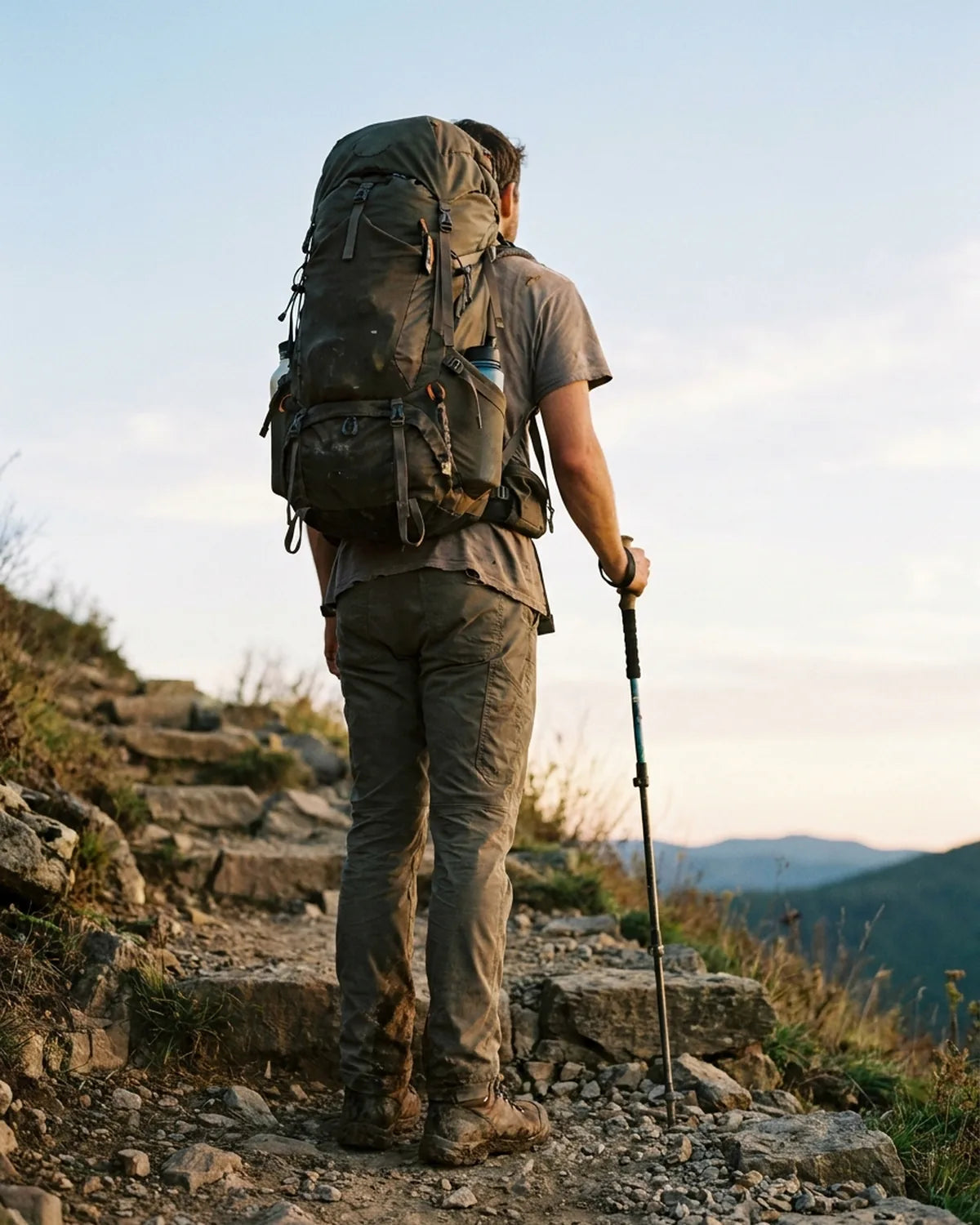 A hiker with a full pack climbing rocky trail steps.