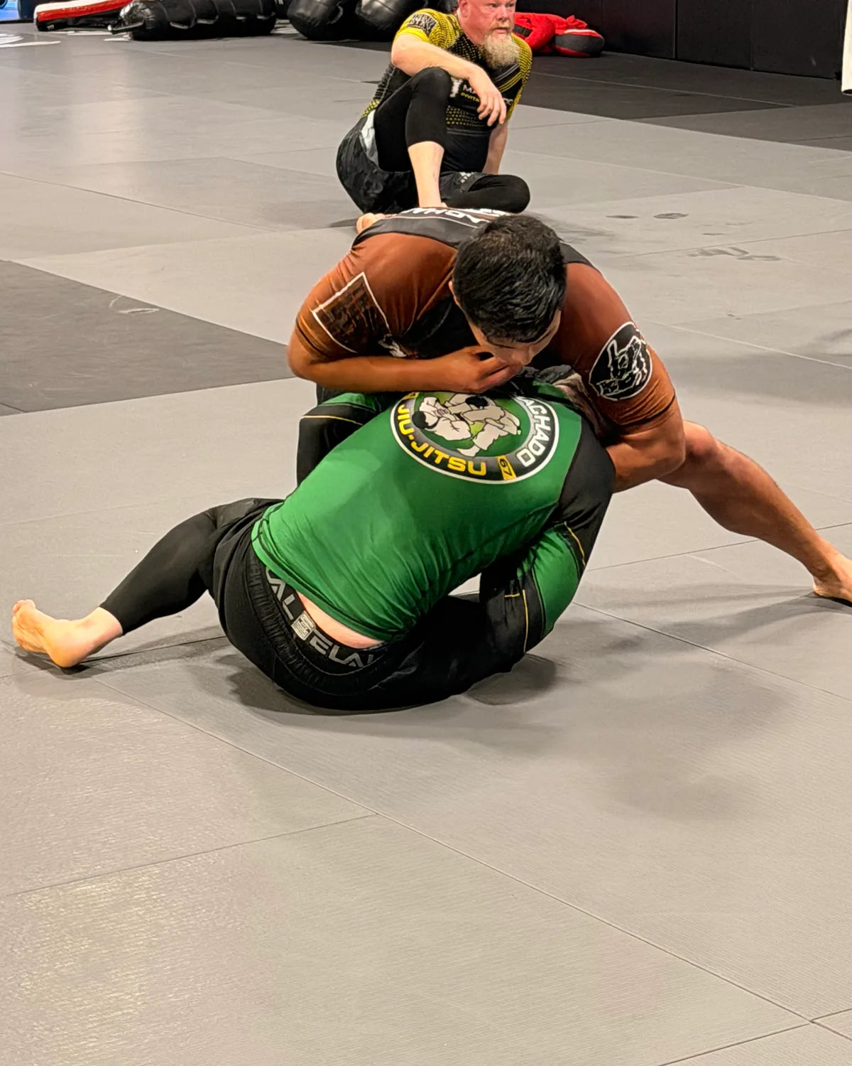 A Brazilian Jiu-Jitsu technique in progress on the mat.