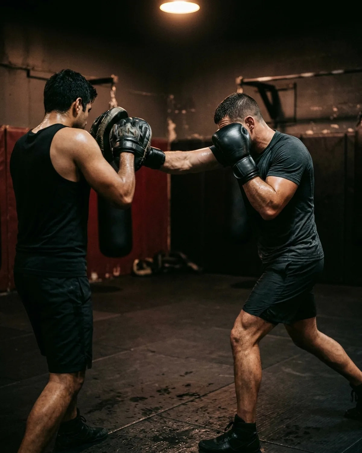 Three people in boxing gloves working striking drills on the academy mats.