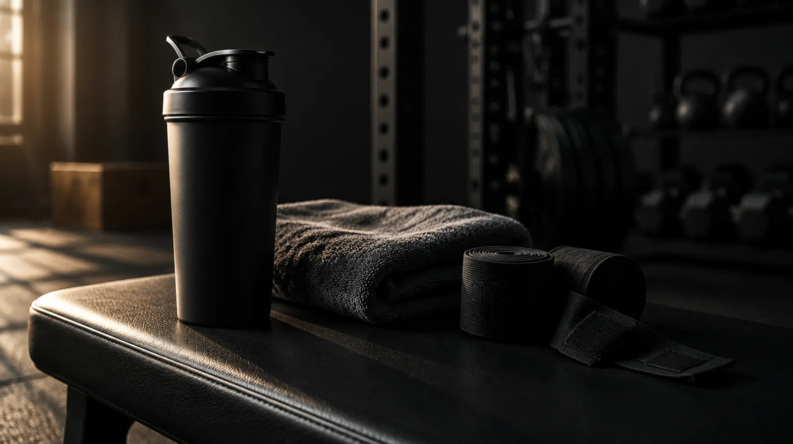 A shaker bottle, folded towel and rolled hand wraps on a gym bench