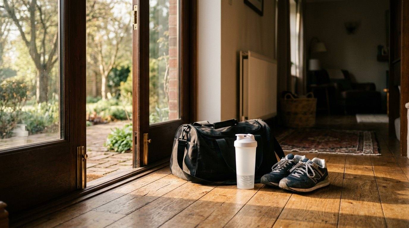 A gym bag, a shaker and training shoes by an open door in morning light