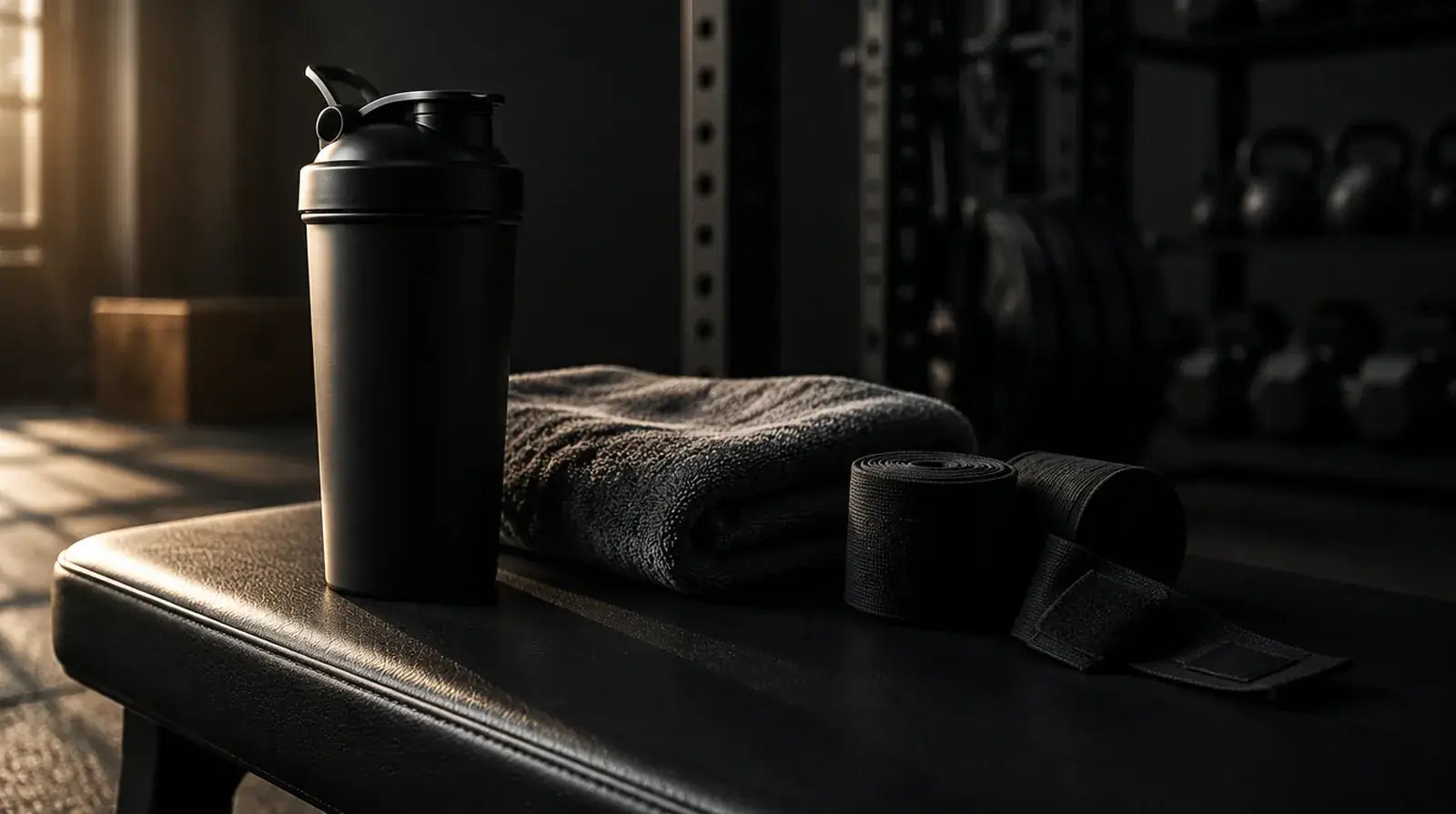 A shaker bottle, folded towel and rolled hand wraps on a gym bench